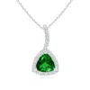 Angara Trillion Emerald Halo Pendant With Curved Bale In White Gold/rich Green