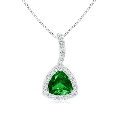 Angara Trillion Emerald Halo Pendant With Curved Bale In Metallic