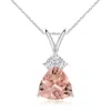 Angara Trillion Morganite Solitaire Pendant With Trio Diamonds In White Gold/peachy Pink
