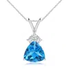 Angara Trillion Swiss Blue Topaz Solitaire Pendant With Trio Diamonds In White Gold/swiss Blue