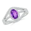 Angara Triple Shank Oval Amethyst And Diamond Halo Ring In White Gold/medium Dark Purple