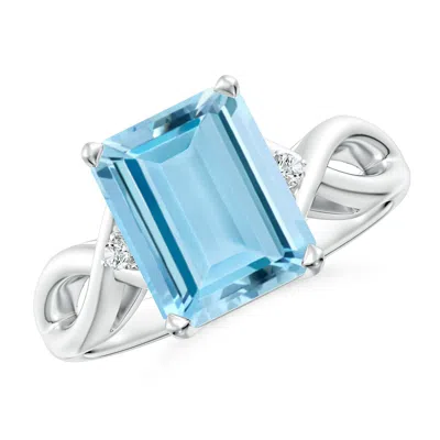 Angara Twist Shank Emerald Cut Aquamarine Statement Ring In White