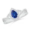 Angara Twist Shank Pear Blue Sapphire Ring With Diamond Halo In White Gold/medium To Rich Blue