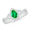 Angara Twist Shank Pear Emerald Ring With Diamond Halo In White Gold/rich Medium Green