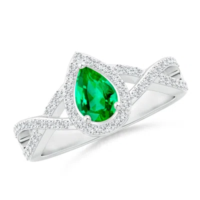 Angara Twist Shank Pear Emerald Ring With Diamond Halo In Metallic