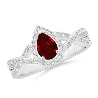 Angara Twist Shank Pear Ruby Ring With Diamond Halo In Metallic
