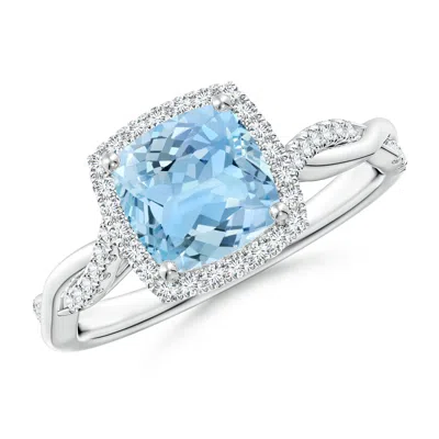 Angara Twisted Shank Cushion Aquamarine Halo Engagement Ring In White