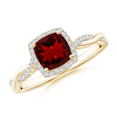 Angara Twisted Shank Cushion Garnet Halo Engagement Ring In Gold