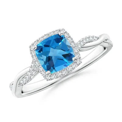 Angara Twisted Shank Cushion Swiss Blue Topaz Halo Engagement Ring