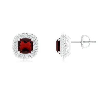 Angara Twisted Wire Cushion Garnet Studs With Diamonds In Metallic