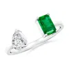 Angara Two-stone Emerald-cut Emerald & Pear Diamond Open Ring In White Gold/rich Medium Green