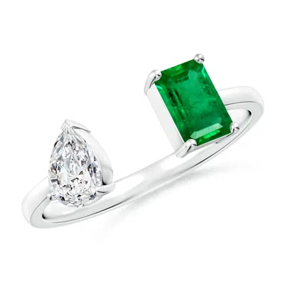 Angara Two-stone Emerald-cut Emerald & Pear Diamond Open Ring In Metallic