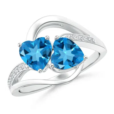 Angara Two Stone Heart Swiss Blue Topaz Bypass Ring With Diamonds In Metallic