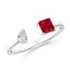 Angara Two-stone Square Ruby & Pear Diamond Open Ring In White Gold/medium Red