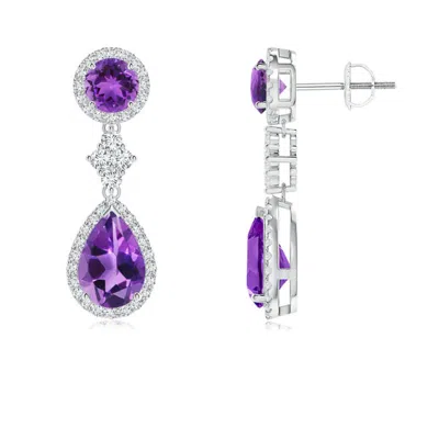 Angara Two Tier Amethyst Drop Earrings With Diamond Halo In Metallic