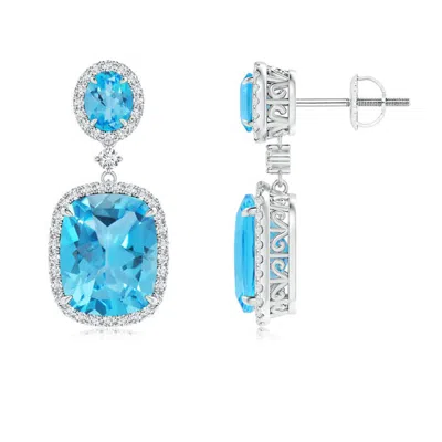 Angara Two Tier Claw-set Swiss Blue Topaz Dangle Earrings With Diamond Halo In Metallic
