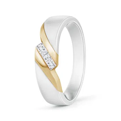 Angara Two Tone Diagonal Channel Diamond 3 Stone Ring For Him In White & Yellow Gold/g