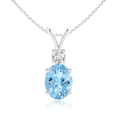 Angara V-bale Oval Aquamarine Solitaire Pendant With Diamond In Blue