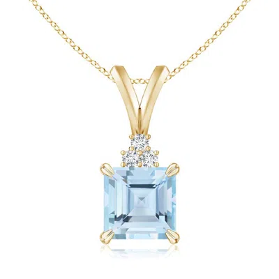 Angara V-bale Square Aquamarine Solitaire Pendant With Diamond In Gold