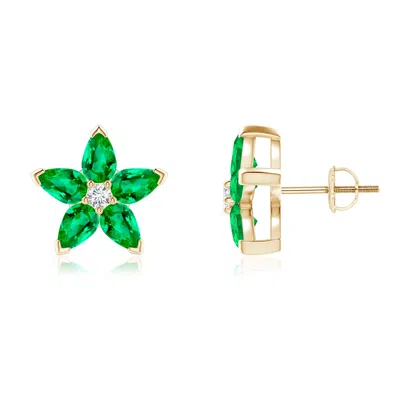 Angara V-prong Set Emerald And Diamond Flower Stud Earrings In Gold