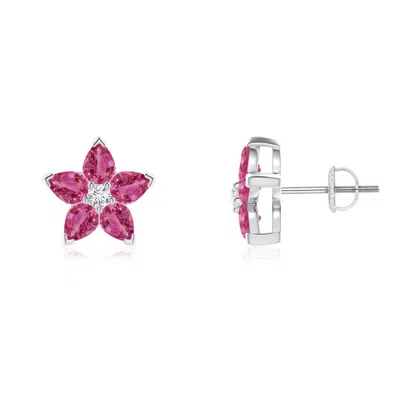 Angara V-prong Set Pink Sapphire And Diamond Flower Stud Earrings In Metallic