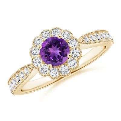 Angara Vintage Inspired Amethyst Milgrain Ring With Diamond Halo In Gold