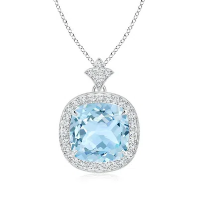 Angara Vintage Inspired Cushion Aquamarine Halo Pendant In Metallic