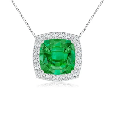Angara Vintage Inspired Cushion Emerald Halo Pendant In Metallic