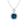 Angara Vintage Inspired Cushion London Blue Topaz Halo Pendant In White Gold/greenish Blue
