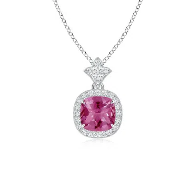 Angara Vintage Inspired Cushion Pink Tourmaline Halo Pendant In Metallic