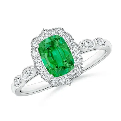 Angara Vintage Inspired Cushion Rectangular Emerald Ornate Halo Engagement Ring In Green