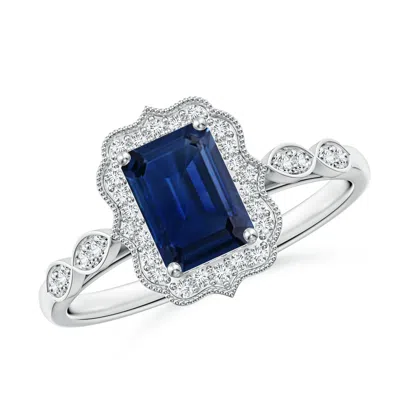 Angara Vintage Inspired Emerald-cut Blue Sapphire Ornate Halo Engagement Ring