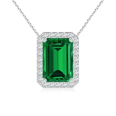 Angara Vintage Inspired Emerald-cut Lab-grown Emerald Halo Pendant In Metallic