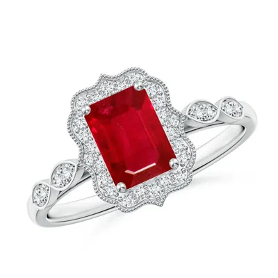 Angara Vintage Inspired Emerald-cut Ruby Ornate Halo Engagement Ring In Red