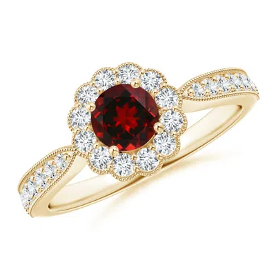 Angara Vintage Inspired Garnet Milgrain Ring With Diamond Halo In Gold