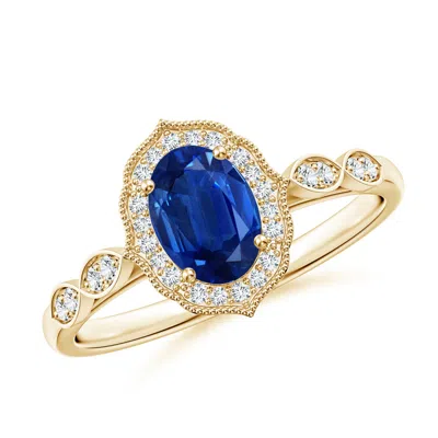 Angara Vintage Inspired Oval Blue Sapphire Ornate Halo Engagement Ring
