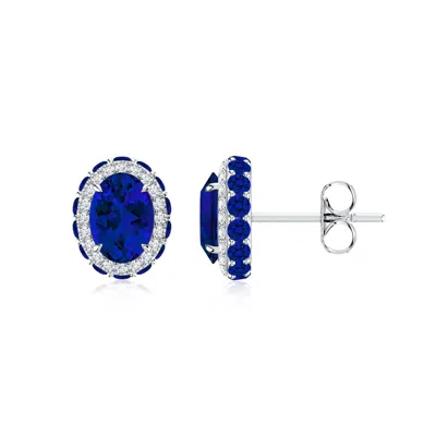 Angara Vintage-inspired Oval Lab-grown Blue Sapphire Halo Stud Earrings