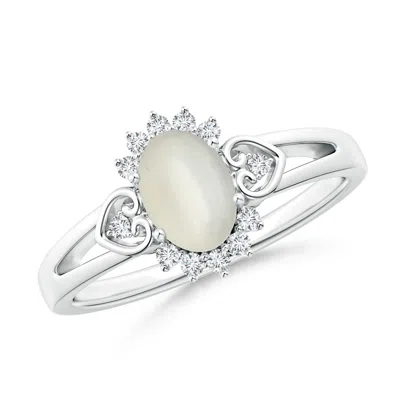 Angara Vintage Inspired Oval Moonstone Halo Ring With Heart Motifs In Green
