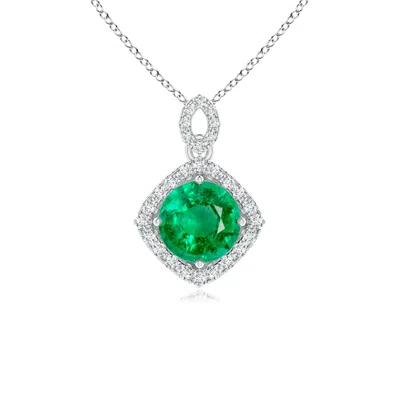 Angara Vintage Inspired Round Emerald Pendant With Diamond Halo In Metallic