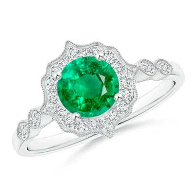 Angara Vintage Inspired Round Emerald Ring With Ornate Halo In Metallic