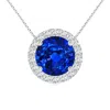 Angara Vintage Inspired Round Lab-grown Blue Sapphire Halo Pendant In Platinum/deep Rich Blue