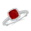 Angara Vintage Inspired Ruby & Diamond Halo Ring With Filigree In White Gold/medium Red