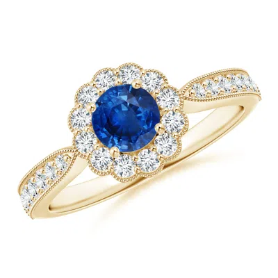 Angara Vintage Inspired Sapphire Milgrain Ring With Diamond Halo In Gold