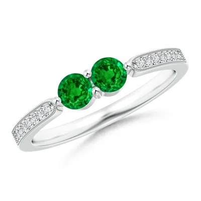 Angara Vintage Inspired Two Stone Emerald Ring With Diamonds In Metallic