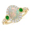 Angara Vintage Oval Opal And Diamond Halo Ring With Bezel Emerald In Yellow Gold/milky With High Play Of Colour