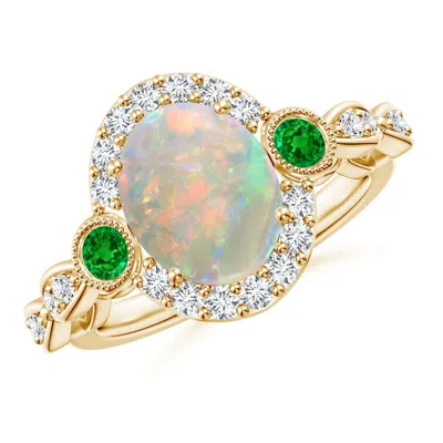Angara Vintage Oval Opal And Diamond Halo Ring With Bezel Emerald In Gold