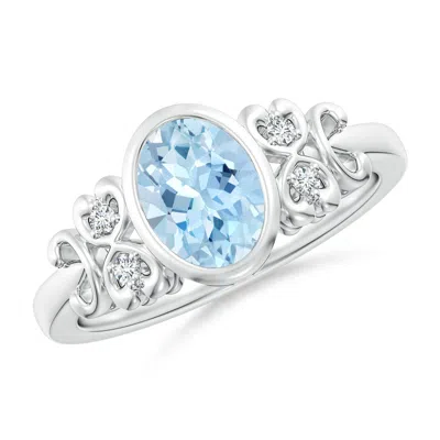 Angara Vintage Style Bezel-set Oval Aquamarine Ring With Diamonds In Metallic