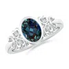 Angara Vintage Style Bezel-set Oval Lab-grown Alexandrite Ring With Diamonds In White Gold/bluish Green Changing To Brownish Or Pinkish Purple