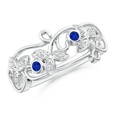 Angara Vintage Style Blue Sapphire And Diamond Flower Scroll Ring In Metallic