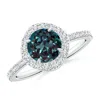 Angara Vintage Style Claw-set Round Lab-grown Alexandrite Halo Ring In White Gold/bluish Green Changing To Brownish Or Pinkish Purple
